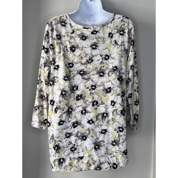 J. Jill Love Linen Pullover Top Women's L Black White Floral Print 3/4 Sleeve - Picture 3 of 13